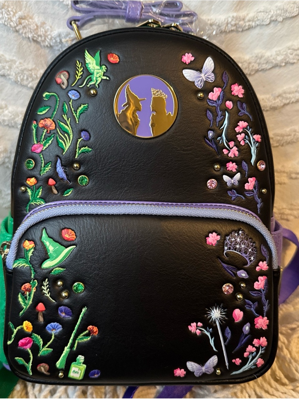 Loungefly Wicked Floral Embroidered Mini Backpack Black Purple Green Gold Zip